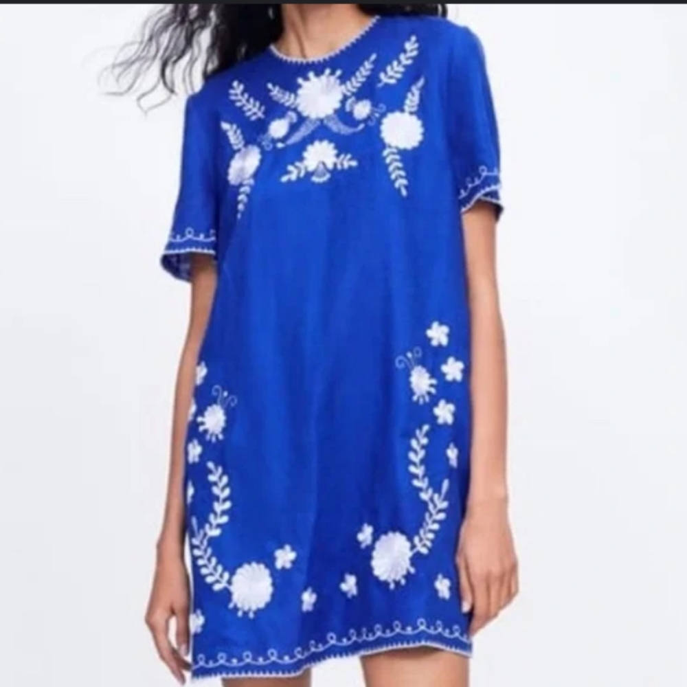 Zara Linen Royal Blue Embroidered Short Sleeve small